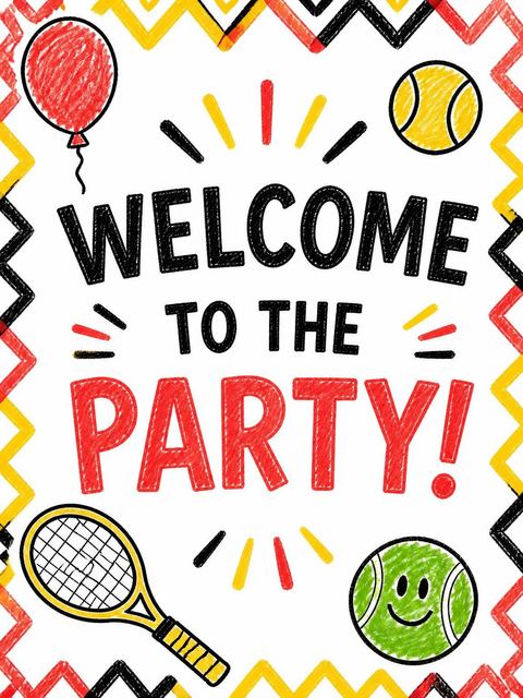 Welcome sign in the Crayon Tennis Racket 5th Birthday design