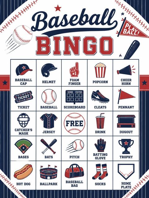 Bingo grid in the Red and Navy Baseball Birthday design