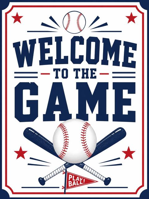 Welcome sign in the Red and Navy Baseball Birthday design