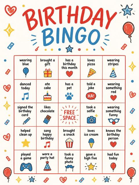 Bingo grid in the Red Yellow Blue Doodle 13th Birthday design