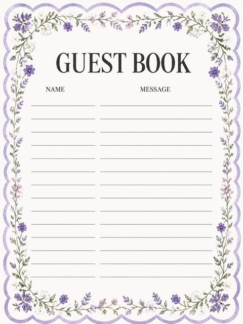 Guest sign-in sheet in the Watercolor Wisteria Border Birthday Invitation design