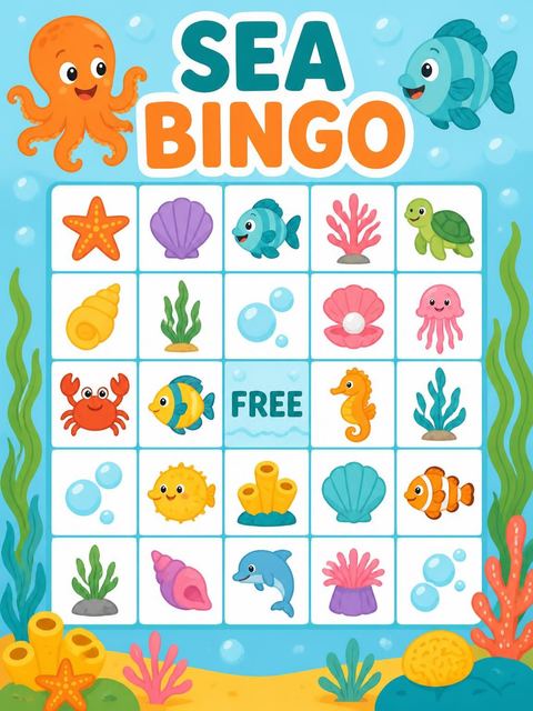 Bingo grid in the Underwater Octopus Coral Reef 5th Birthday design