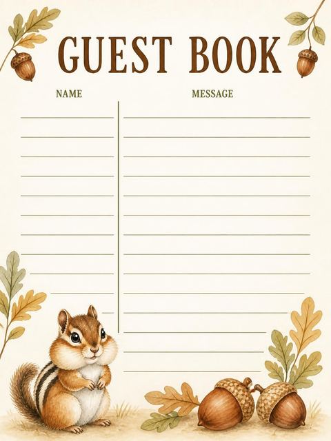 Guest sign-in sheet in the Watercolor Chipmunk Autumn 2nd Birthday design