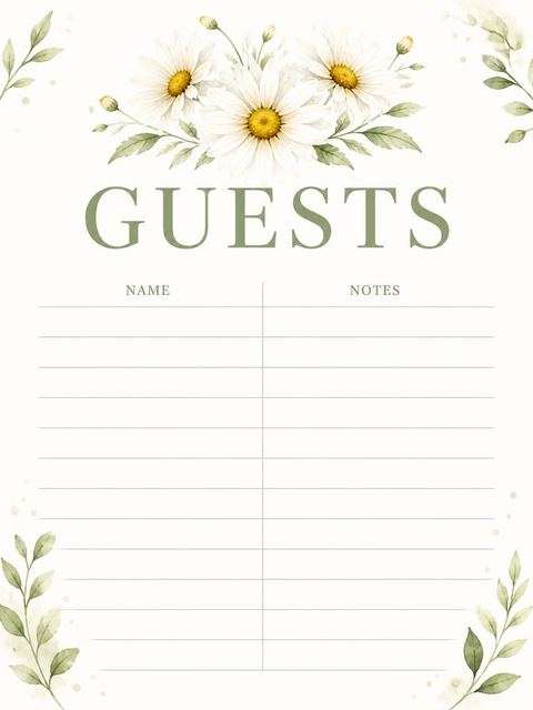 Guest sign-in sheet in the Watercolor Daisy Field 3rd Birthday Invitation design