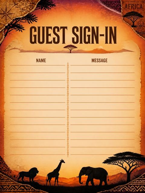 Guest sign-in sheet in the Orange Sunset Safari 5th Birthday Invitation design
