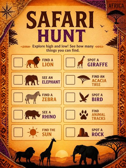 Scavenger hunt in the Orange Sunset Safari 5th Birthday Invitation design