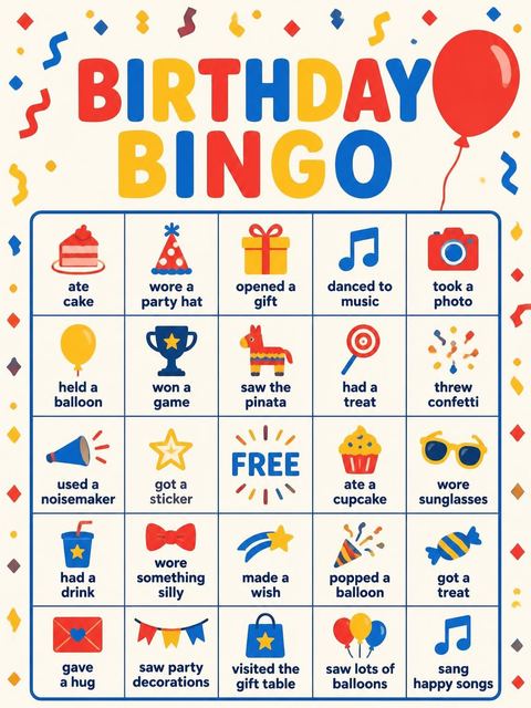 Bingo grid in the Primary Color Balloon 10th Birthday Invitation design