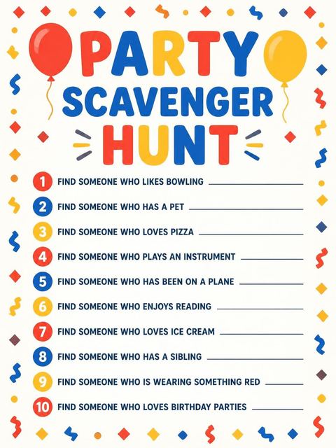Scavenger hunt in the Primary Color Balloon 10th Birthday Invitation design