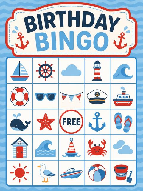 Bingo grid in the Red and Blue Motorboat 5th Birthday design