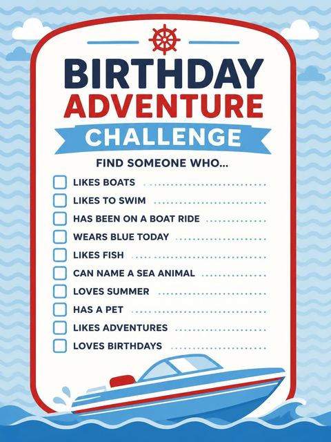 Scavenger hunt in the Red and Blue Motorboat 5th Birthday design