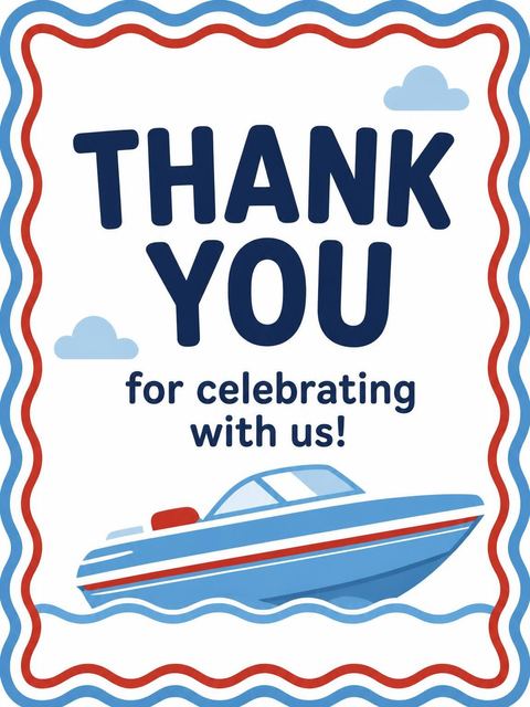 Thank-you flat in the Red and Blue Motorboat 5th Birthday design