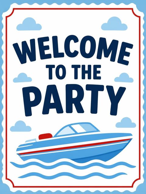 Welcome sign in the Red and Blue Motorboat 5th Birthday design