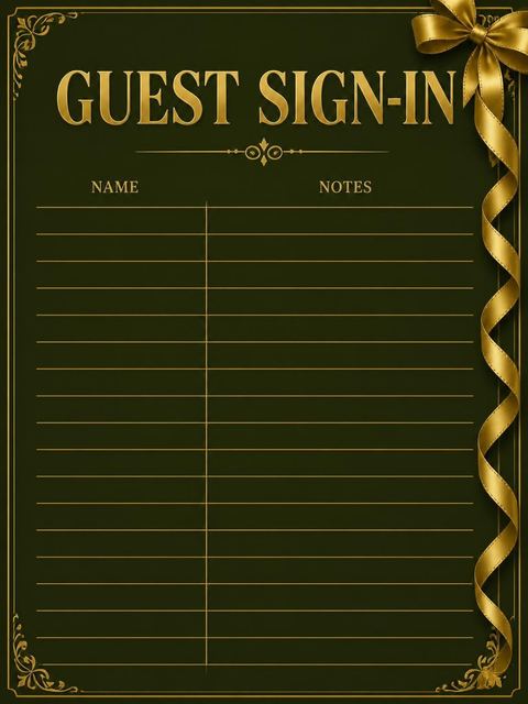 Guest sign-in sheet in the Gold Ribbon Forest Green 70th Birthday design