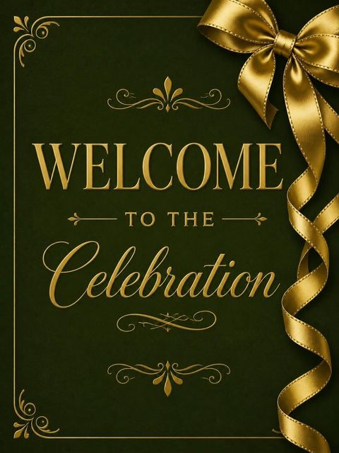 Welcome sign in the Gold Ribbon Forest Green 70th Birthday design