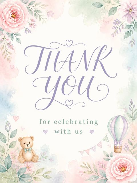 Thank-you flat in the Pastel Floral Watercolor Baby Shower design
