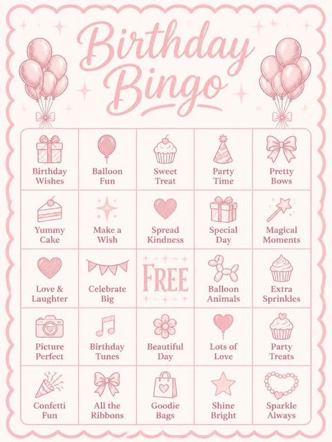 Bingo grid in the Pink Balloon Scalloped 8th Birthday Invitation design
