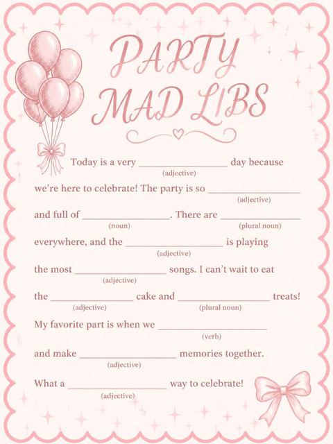 Mad libs in the Pink Balloon Scalloped 8th Birthday Invitation design