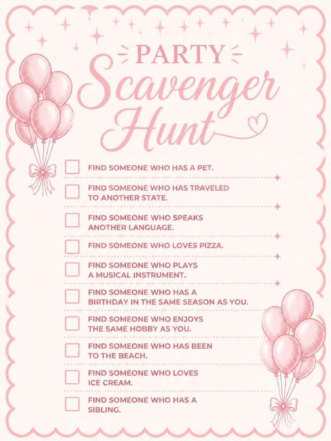 Scavenger hunt in the Pink Balloon Scalloped 8th Birthday Invitation design