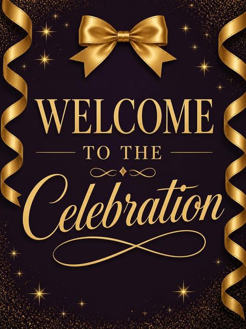 Welcome sign in the Eggplant Purple Gold Ribbon 100th Birthday design