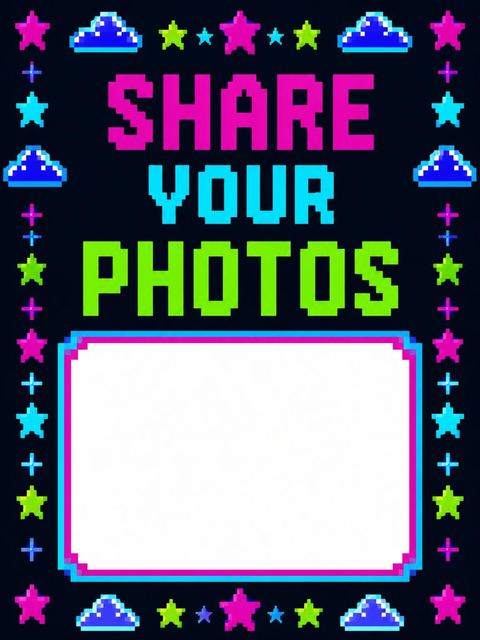 Hashtag card in the Neon Pixel Arcade Baby Shower design