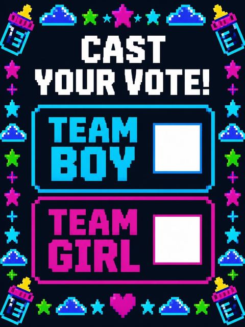 Team boy / team girl ballot in the Neon Pixel Arcade Baby Shower design