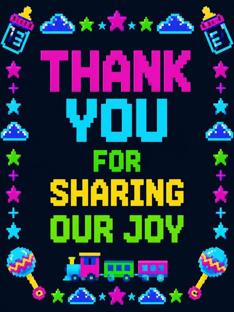 Thank-you flat in the Neon Pixel Arcade Baby Shower design