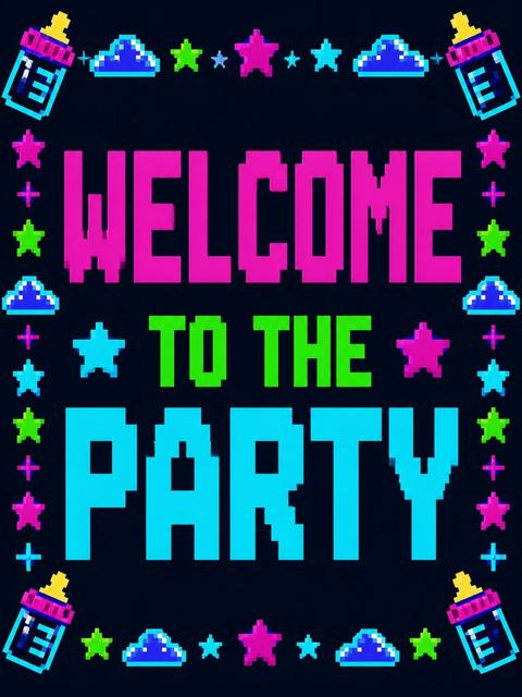 Welcome sign in the Neon Pixel Arcade Baby Shower design