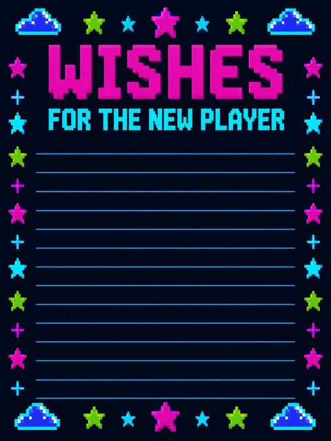 Wishes page in the Neon Pixel Arcade Baby Shower design
