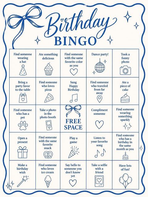 Bingo grid in the Royal Blue Ribbon 6th Birthday Invitation design
