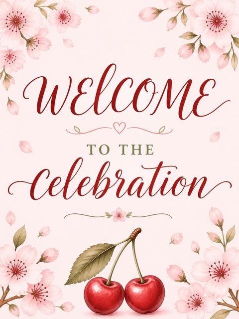 Welcome sign in the Watercolor Cherry Blossom 1st Birthday design