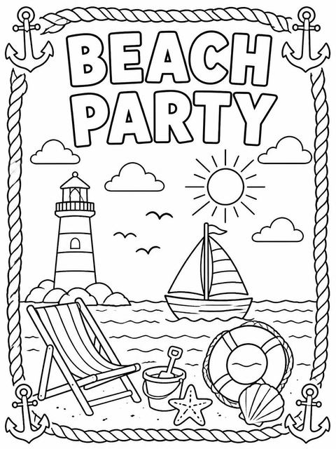 Coloring sheet in the Navy Anchor Rope Beach Birthday design