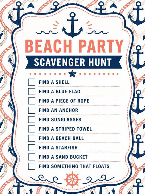 Scavenger hunt in the Navy Anchor Rope Beach Birthday design