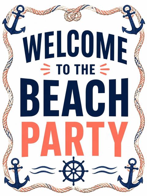 Welcome sign in the Navy Anchor Rope Beach Birthday design
