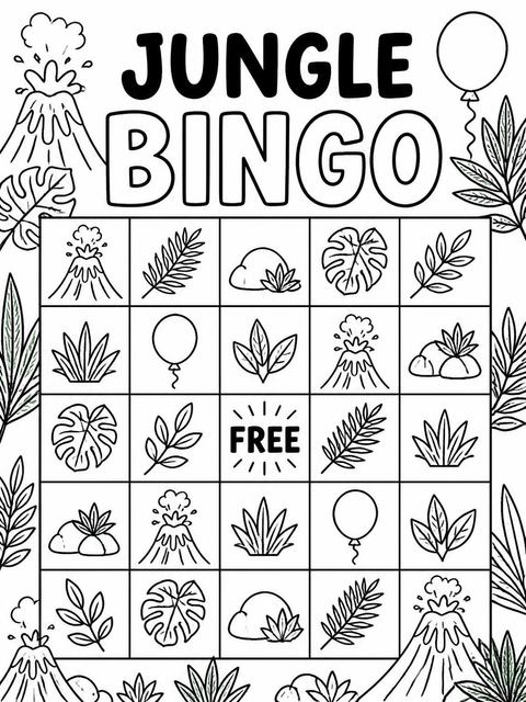 Bingo grid in the Crayon Volcano Jungle 2nd Birthday Invitation design