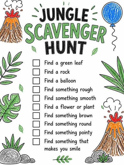 Scavenger hunt in the Crayon Volcano Jungle 2nd Birthday Invitation design