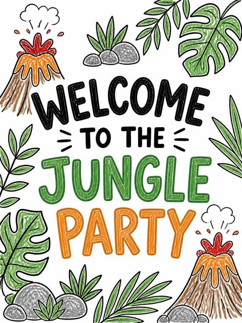 Welcome sign in the Crayon Volcano Jungle 2nd Birthday Invitation design