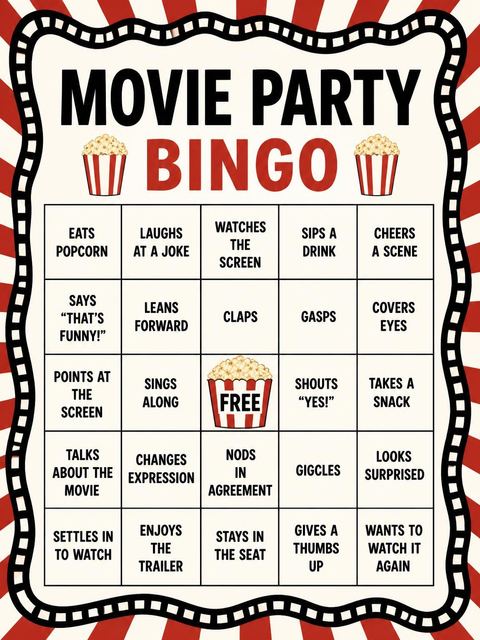 Bingo grid in the Cinema Popcorn Motif 6th Birthday Invitation design
