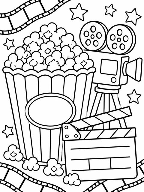 Coloring sheet in the Cinema Popcorn Motif 6th Birthday Invitation design