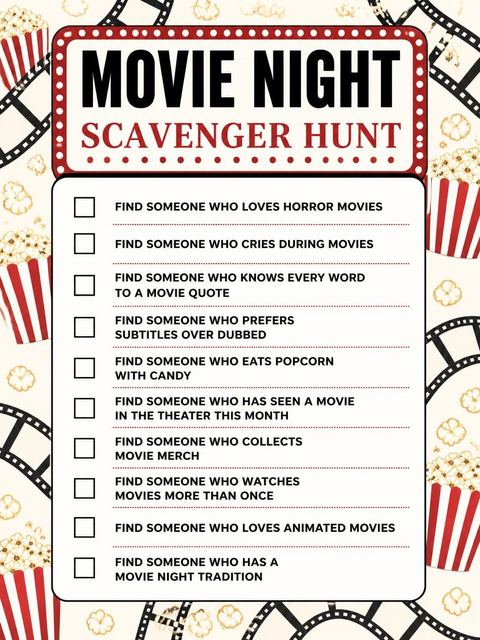 Scavenger hunt in the Cinema Popcorn Motif 6th Birthday Invitation design