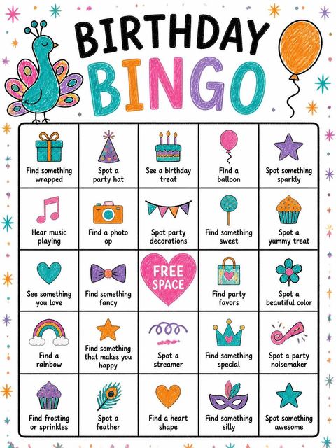 Bingo grid in the Crayon Peacock 4th Birthday Party design