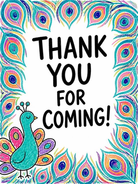 Thank-you flat in the Crayon Peacock 4th Birthday Party design