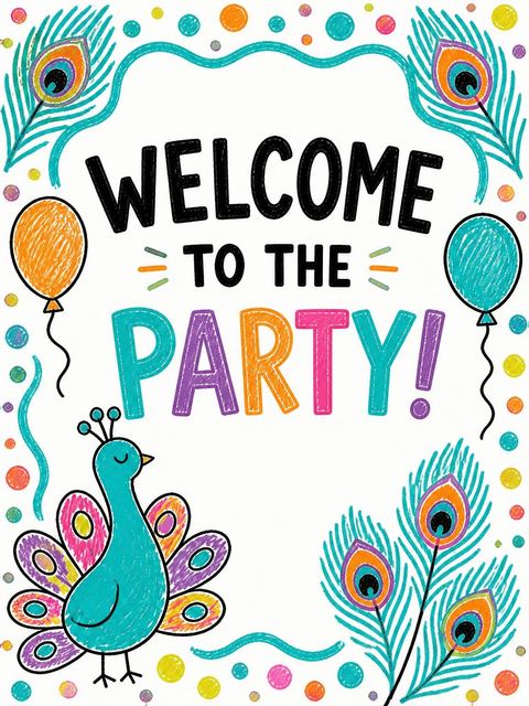 Welcome sign in the Crayon Peacock 4th Birthday Party design