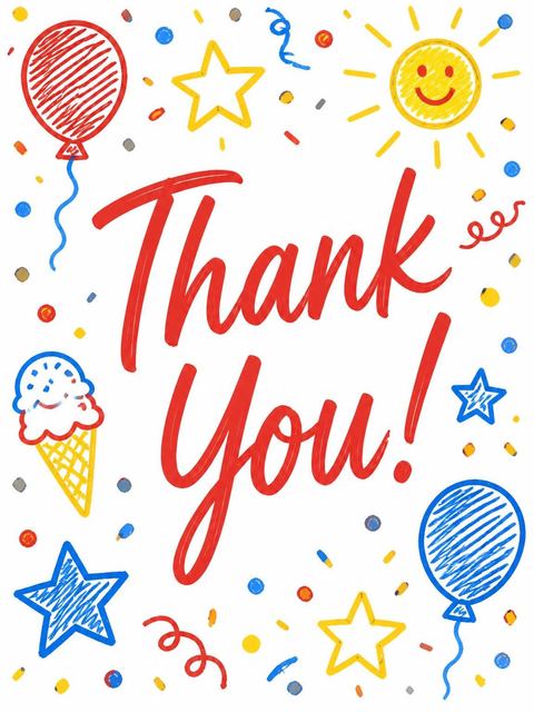 Thank-you flat in the Primary Crayon Motif 6th Birthday Invitation design