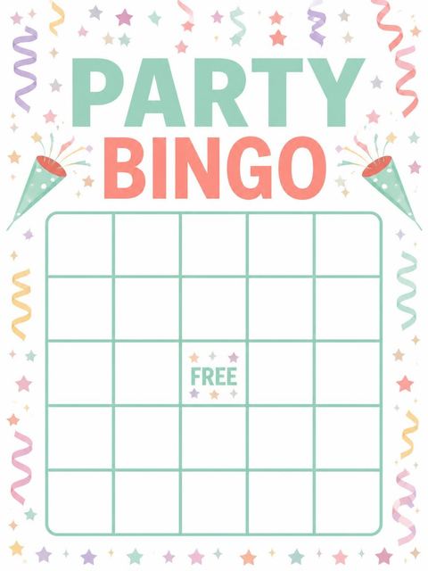 Bingo grid in the Pastel Confetti Party Poppers 6th Birthday design
