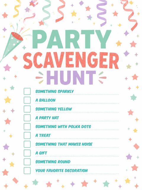 Scavenger hunt in the Pastel Confetti Party Poppers 6th Birthday design