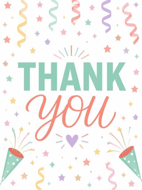 Thank-you flat in the Pastel Confetti Party Poppers 6th Birthday design
