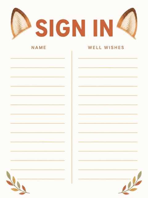 Guest sign-in sheet in the Earthy Watercolor Fox 2nd Birthday design