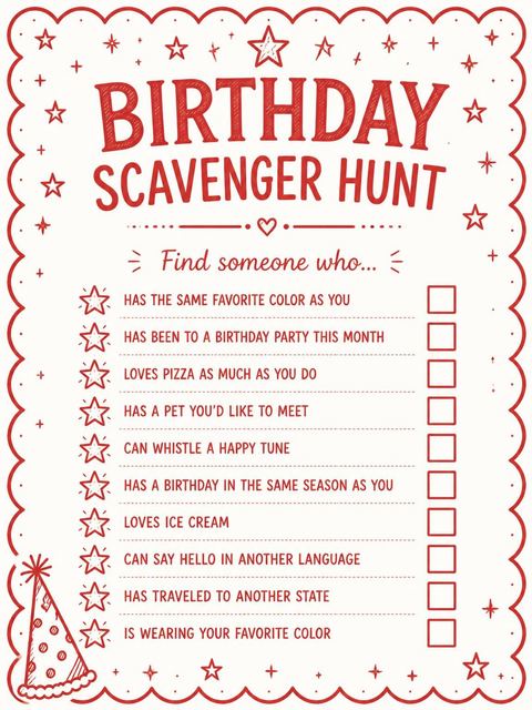 Scavenger hunt in the Red Scalloped Party Hat 11th Birthday design