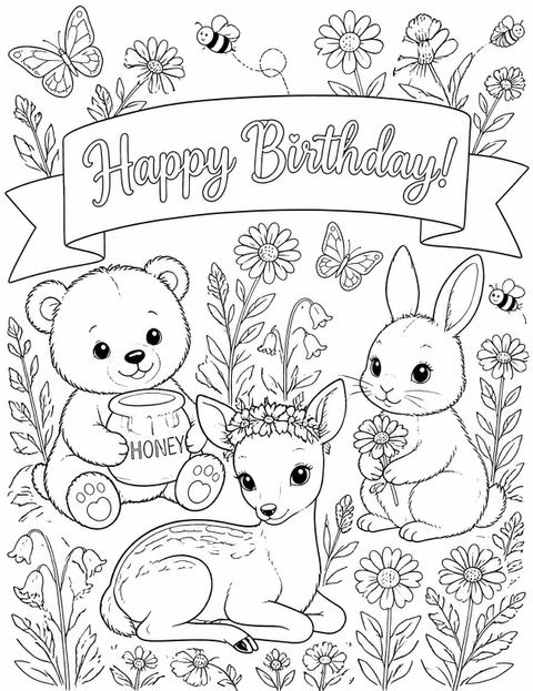 Coloring sheet in the Watercolor Woodland Animal Birthday Invitation design