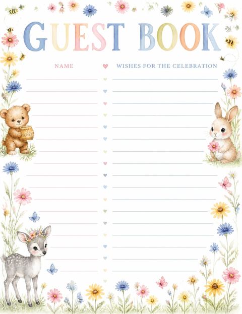 Guest sign-in sheet in the Watercolor Woodland Animal Birthday Invitation design